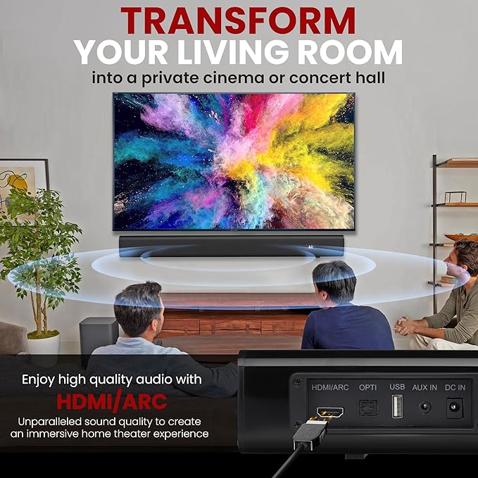 Pyle Wave Base Wireless BT Soundbar - Compact Tabletop Home Theater Sound System with AUX, Extended Bass, Full-Range Stereo, TV Stand Mount, LED Indicators, Easy Setup, 23' x 2' x 2” in