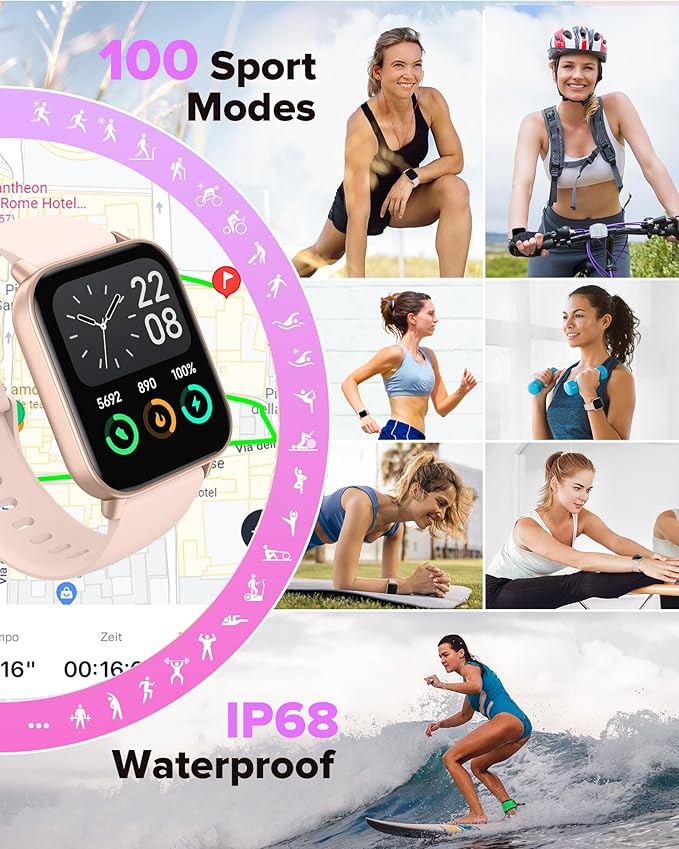 Smart Watches for Women, 1.8 Inches Fitness Tracker with Alexa Built-in & Bluetooth Calling, Compatible with Android iPhone, Waterproof, Heart Rate Sleep Monitor, Includes 2 Bands - Light Pink