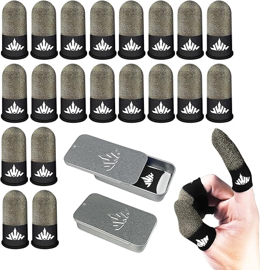 Jwh 20 Pack Mobile Phone Gaming Finger Sleeves with 2 Pcs Storage Box Ultra Thin Pure Silver Fiber Silky Gaming Accessory Thumb Sleeve for Pubg Guantes para Dedales Dedos Gamer Finger Gloves ​Cots