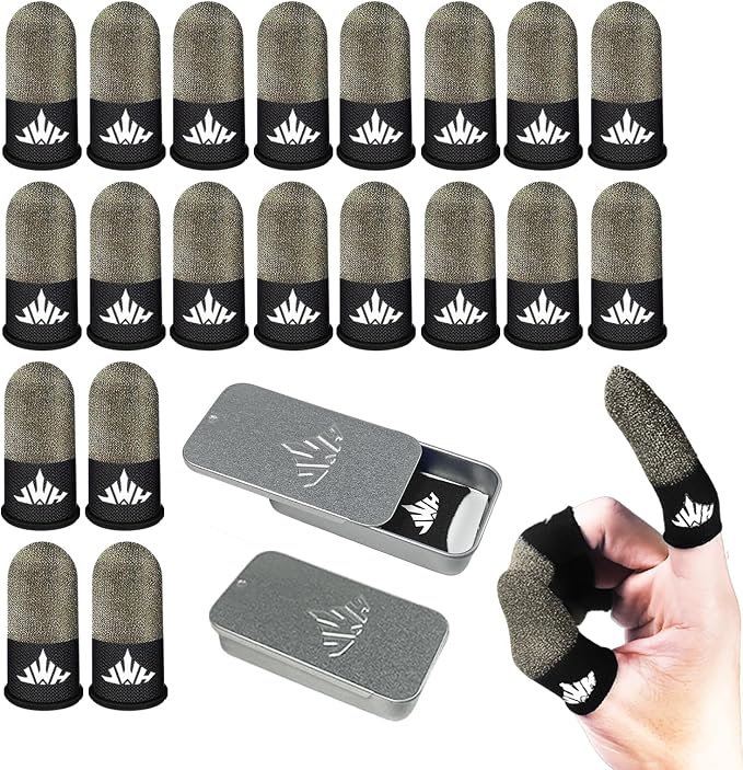 Jwh 20 Pack Mobile Phone Gaming Finger Sleeves with 2 Pcs Storage Box Ultra Thin Pure Silver Fiber Silky Gaming Accessory Thumb Sleeve for Pubg Guantes para Dedales Dedos Gamer Finger Gloves ​Cots