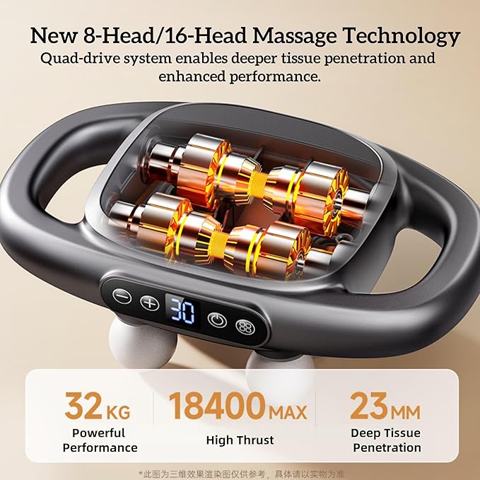 8-Head Massage Gun Set with 30 Levels & 3 Modes, Massage Gun Deep Tissue Neck Massager with 8 Heads, for Deep Tissue, Back, Shoulders, Legs, Pain Relief
