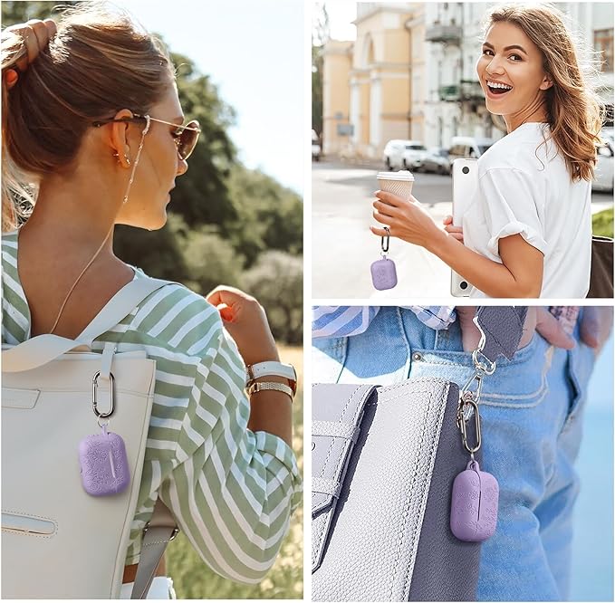 Flower Engraved Case for AirPods Pro 2 Gen with Clean Kit & Keychain, Cute Soft Silicone Protective AirPods Pro Case Cover for Apple AirPods Pro 2nd/1st Generation, Front LED Visible, Lavender