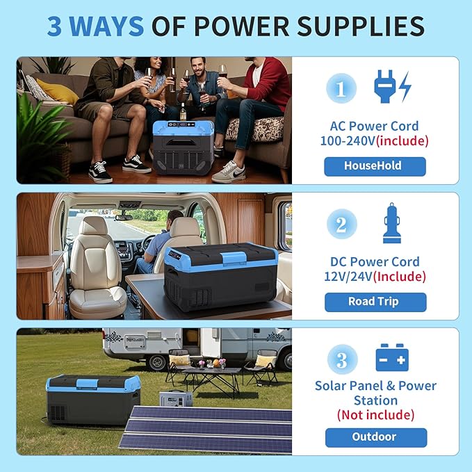 30L Car Refrigerator Freezer, 32QT Single Zone Portable Fridge with Blow Expansion Evaporator, Reversible Door, LED Control, Fast Cooling, 100–240V AC / 12V / 24V DC, -4℉~68℉, Ice Blue