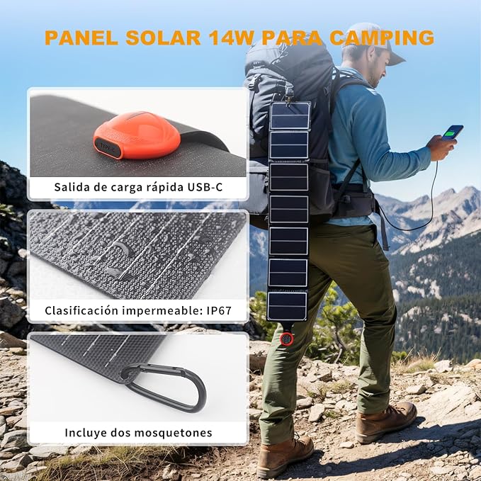 EYONGPV 14W Portable Foldable Solar Panel & Solar Charger with Croc-Eye USB-C Output, IP67 Waterproof Compact Solar Charger for Phones, Power Banks, Camping, Hiking, Backpacking