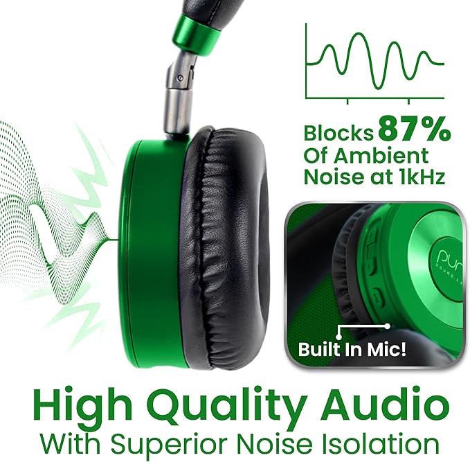 Puro Sound Labs JuniorJam Plus Volume-Limiting Wireless Bluetooth Headphones for Kids, Secure Audio with Adjustable On-Ear Design, 22-Hour Battery Life, Ideal for Tablets, Smartphones & PCs - Green