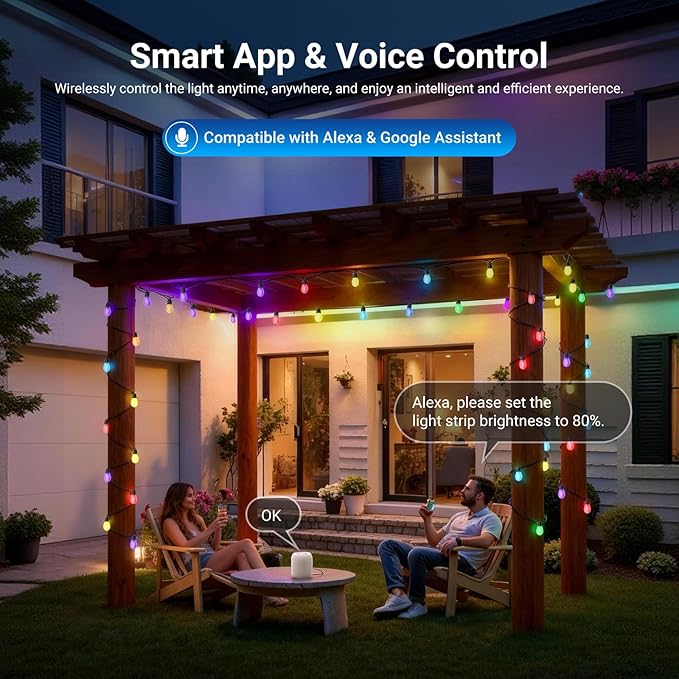 NEEWER 144ft Outdoor String Lights, App Control Smart AI RGBW Dimmable Patio Balcony Backyard Outside Hanging Lighting, IP65 Waterproof, 45 LED Bulbs, 50+ Scenes, Compatible with Alexa Google, NR01