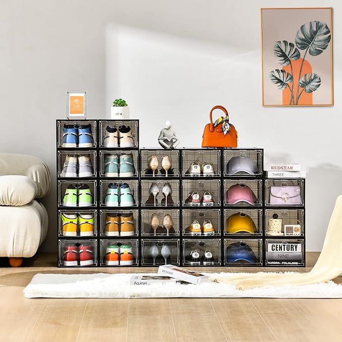12 Pack Shoe Boxes Stackable,Upgraded Sturdy Shoe Storage Boxes with Clear Magnetic Door,Multifunctional Sneaker Storage, Shoe Box Organizer Fit up to US Size 12 Gray(13.8”x 9.84”x 7.1”)