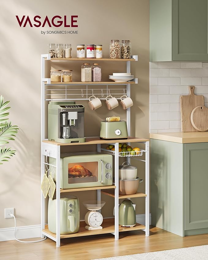 VASAGLE Bakers Rack with Power Outlet, 35.4 Inches Microwave Stand, Coffee Bar, 4 AC Outlets, with Adjustable Shelves, 8 S-Hooks, Basket, Spice Racks, Golden Oak and Cloud White UKKS031Y09