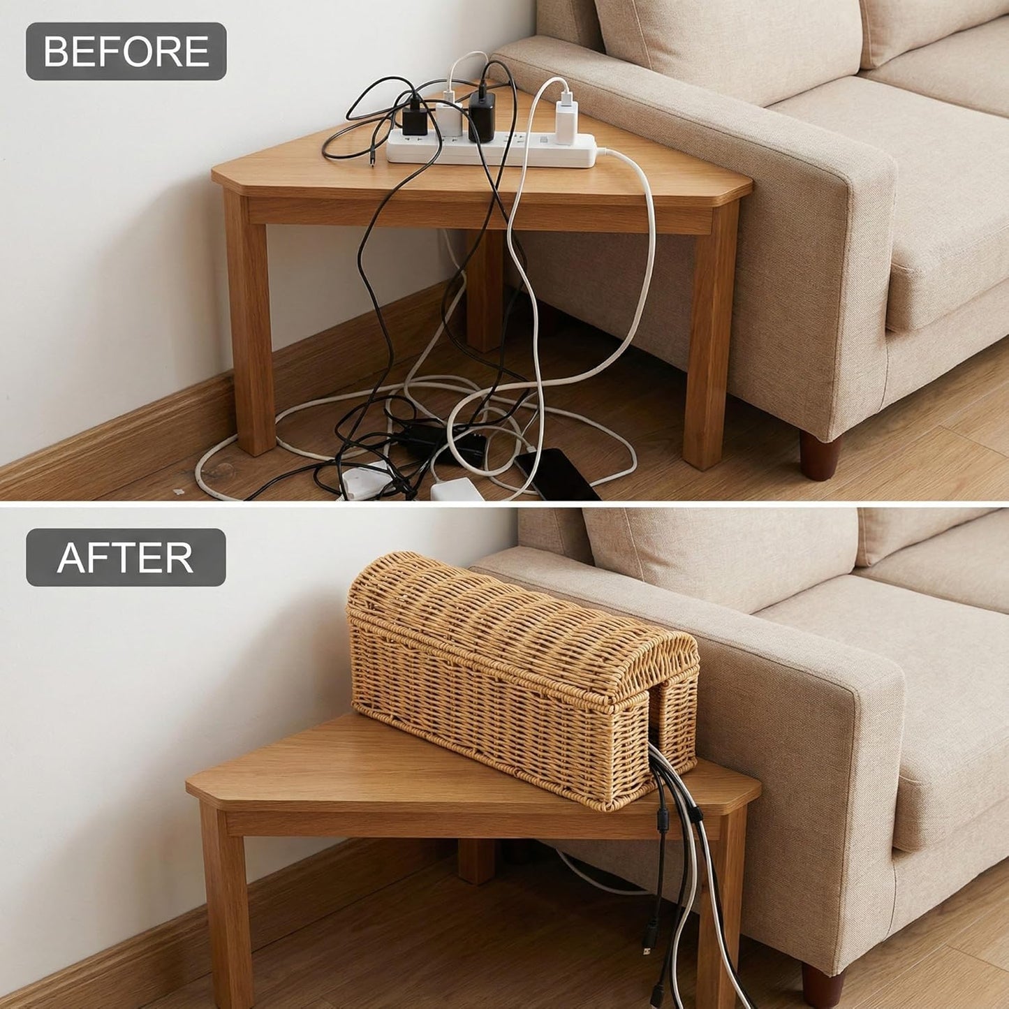 Rattan Cable Management Box — Ventilated Cord Hider with Flip Lid