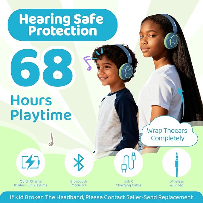 MIDOLA Kids Headphones Bluetooth 5.4 Wireless Volume Limited 85/94dB Hearing Protection Over Ear 68 Hours Playtime Foldable Lightweight Headset Built-in Mic for Toddler Child Travel School Green Blue