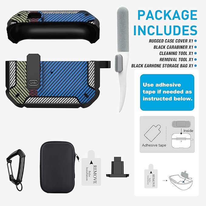 Maxjoy for AirPods Pro Case Cover with Lock, AirPods Pro 1st Generation Case for Men Military Rugged Protective Cover with Keychain Compatible with Apple AirPod Pros 2019 Front LED, Carbon Fiber Blue