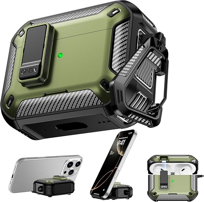RFUNGUANGO Compatible AirPods Pro 2nd Generation Case with Phone Holder and Compatible Back Magnetic Suction Function, Suitable for AirPods Pro 2 Case, Military Green