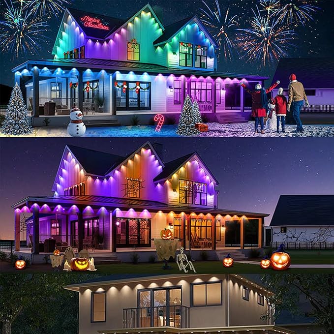 permanent outdoor lights with App &P67 Waterproof Smart Eave Lighting, with App/Remote Control Eaves Light, DIY LED Scenes Modes for Christmas,Halloween,Daily & Holiday Party Decor,House Roof Lighting