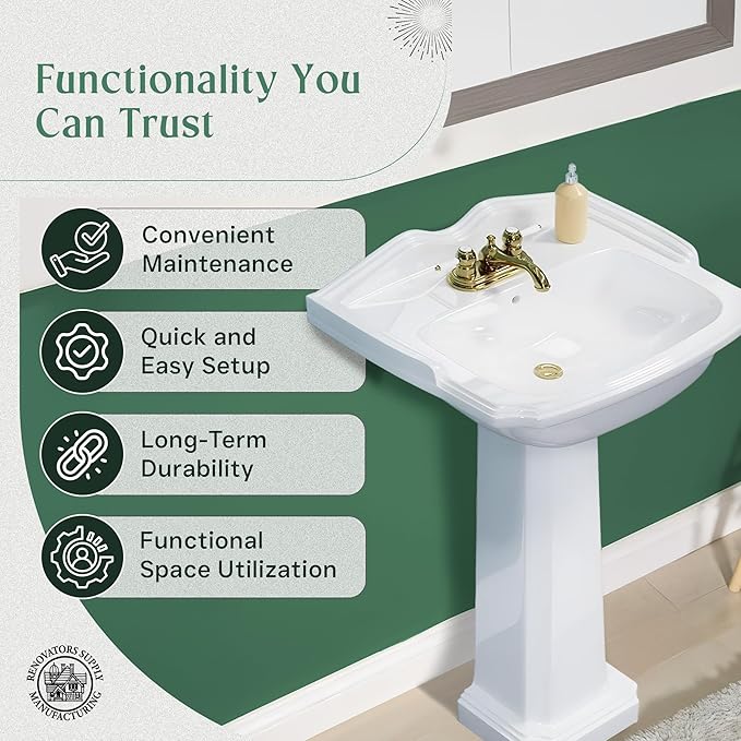 Small Pedestal Sink, Renovators Supply Cloakroom 19" Wide x 33" Tall Bathroom Sink White Grade A Porcelain With Overflow And Pre-Drilled Centerset Faucet Holes
