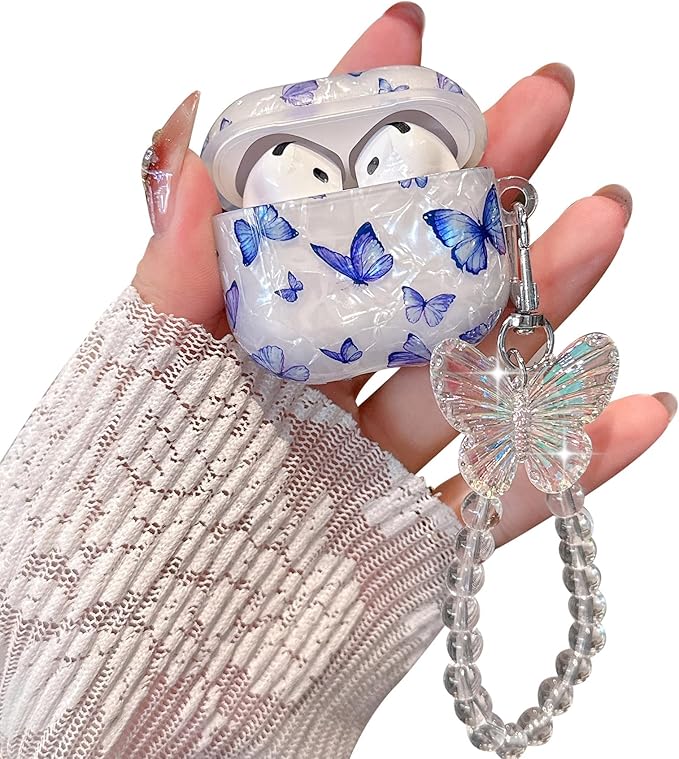 for Airpod 4 Case Cute White Marble Hard Protective Cover with Keychain Compatible with AirPods 4th Generation Case 2024 for Girls Women (Bluish-Purple Butterfly)