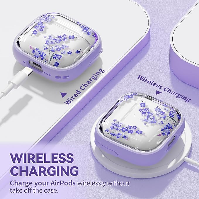 Inesore with Safety Lock for AirPods 4 Case,Clear Floral Cute AirPod 4th Generation Case for Women Girly with Cleaner Kit and Keychain- Purple Bell Flower