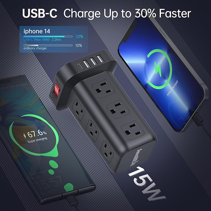 15FT USB C Power Strip Surge Protector Tower, Mini Power Strip Tower Travel 12 AC 4 USB Power Strip with USB Ports, Overload Protection for Home Office
