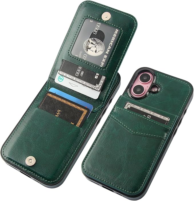 KIHUWEY Compatible with iPhone 16 Case Wallet with Credit Card Holder, Flip Premium Leather Magnetic Clasp Kickstand Heavy Duty Protective Cover for iPhone 16 6.1 Inch (Dark Green)
