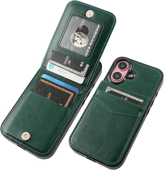 KIHUWEY Compatible with iPhone 16 Case Wallet with Credit Card Holder, Flip Premium Leather Magnetic Clasp Kickstand Heavy Duty Protective Cover for iPhone 16 6.1 Inch (Dark Green)