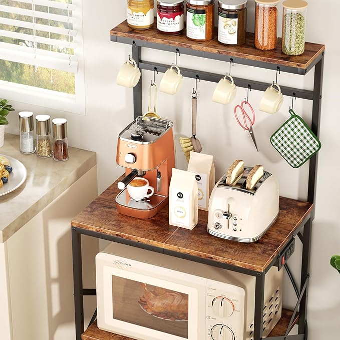 Kitchen Bakers Rack with Power Outlet, Small Coffee Bar Cart 4 Tiers, Microwave Stand Station with 8 S Hooks, Adjustable Shelf, Freestanding Kitchen Appliance Organizer, Rustic Brown