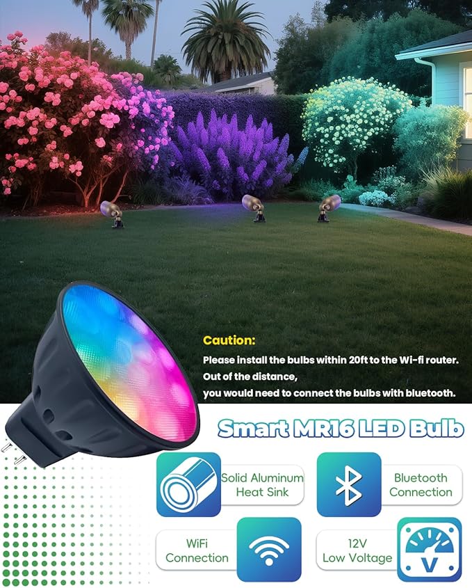 Smart WiFi MR16 LED Bulbs Dimmable, RGB MR16 LED Bulb Color Changing, GU5.3 Bi-pin 12V, Multicolor & CCT Tunable, Memory Function, Music Sync Compatible with Alexa, Google Assistant 2-Pack