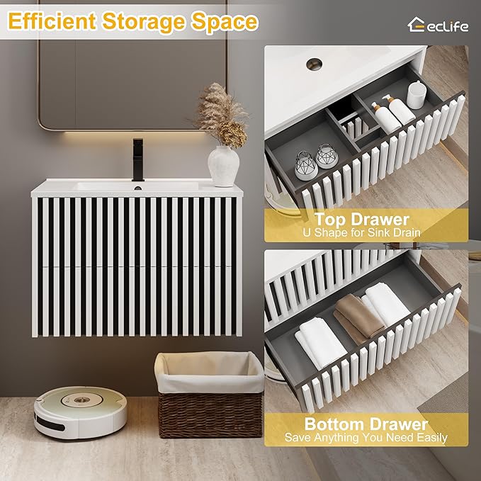 eclife 30" Floating Bathroom Vanity with Sink Combo, Modern Wall Mounted Cabinet with 2 Fluted Drawers, Undermount Sink, Faucet, Drain, Mixed White