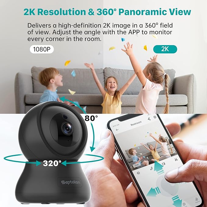 Septekon 2K Home Security Cameras for Baby Monitor, 360° Pet Indoor Camera, 2.4GHz WiFi with Night Vision, Motion Detection, Cloud & SD Card Storage, Compatible with Alexa, Black
