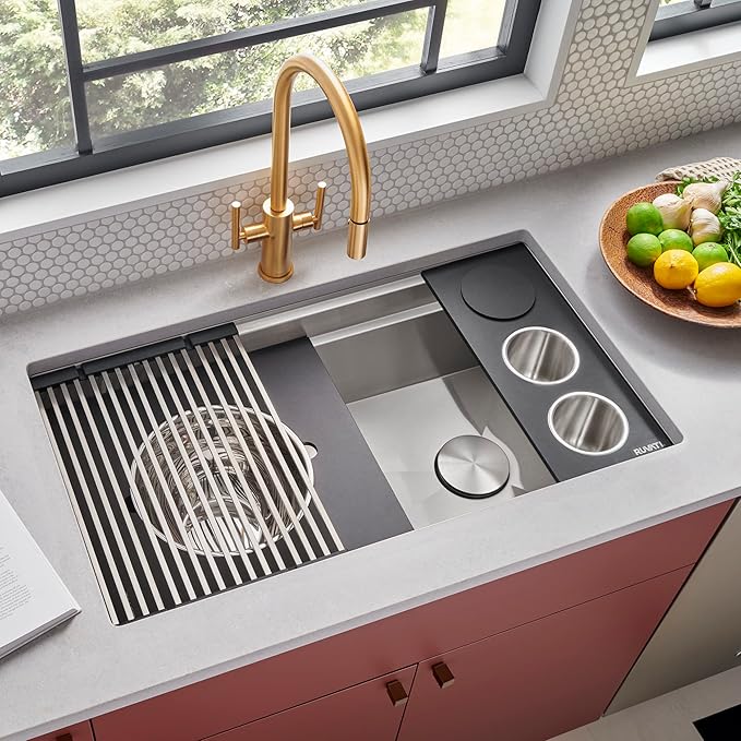 Ruvati 33-inch Workstation Two-Tiered Ledge Undermount Kitchen Sinks 16 Gauge Stainless Steel with Black Composite Accessories - Deep Undermount Sink, Kitchen Sink, Stainless Steel Sinks - RVH8224