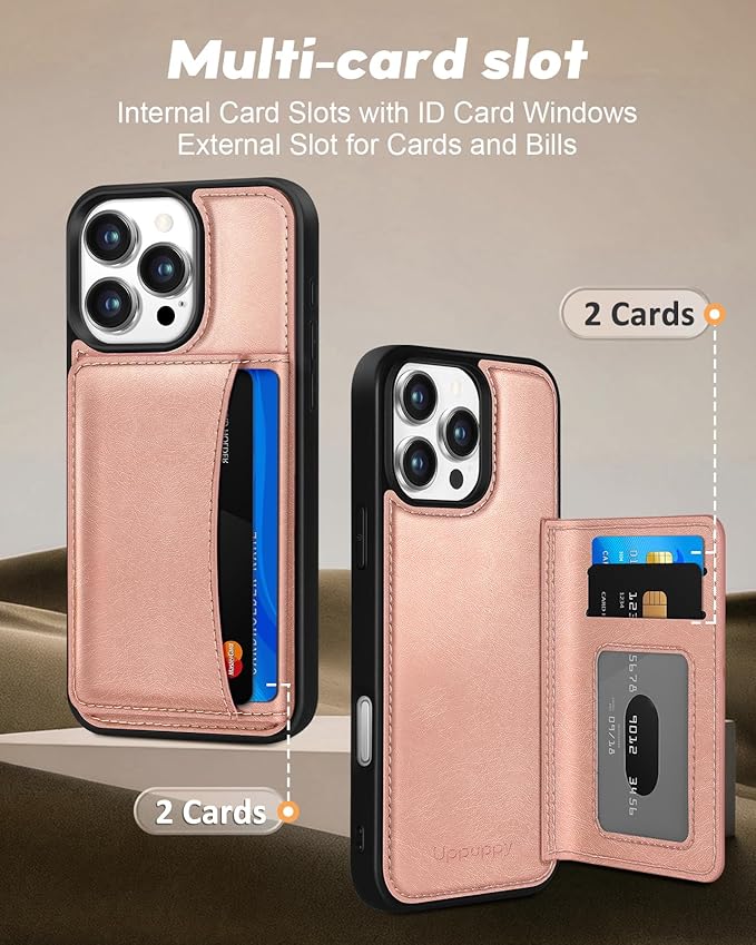 for iPhone 13 Pro Case with Wallet - Fits 4 Card Slots, Compatible with MagSafe for Women Aesthetic Durable PU Leather Credit Card Holder Kickstand Phone Cover for Apple 13 Pro, Rose Gold