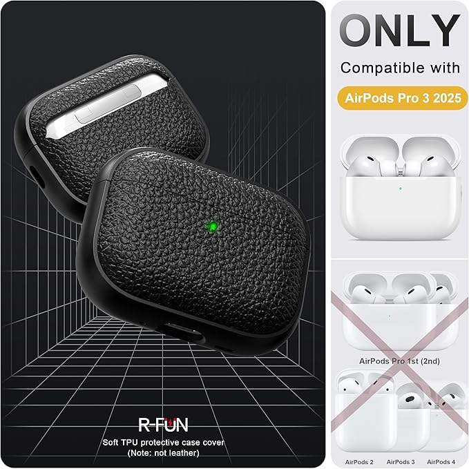 R-fun for AirPods Pro 3 Case 2025, Soft TPU (Leather-Like Design) Drop Protection Cover for Men and Women with Lanyard and Cleaner Kit, Compatible with Apple AirPods Pro 3rd Generation-Black
