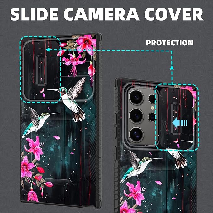 for Galaxy S24 Ultra Case Built in Slide Camera Lens Cover,Heavy Duty Shockproof Protection Dual Layer Case for Samsung Galaxy S24 Ultra 6.8" 2024,Flower Hummingbird