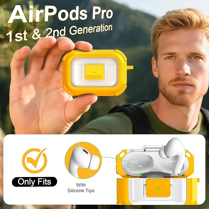 RFUNGUANGO for AirPods Pro 2 Case, Compatible with AirPods Pro 2nd/1st Generation Case, Compatible with MagSafe, Magnetic Automatic Lock with Cleaner Kit and Keychain, Front LED Visible, Yellow