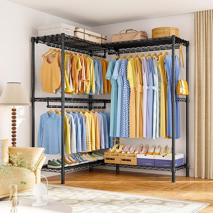 E15 Plus Garment Rack L Shaped Clothes Rack for Corner，Freestanding Clothing Racks for Hanging Clothes，Heavy Duty Closet System with 4 Hanging Rods & 8 S Hooks，48.5" W x 35" D x 78.4" H，Black