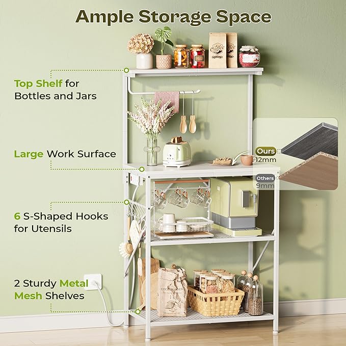 Huuger 4-Tier Bakers Rack with Reversible Power Outlet, 23.6 Inch Microwave Stand with Paper Towel Holder, Kitchen Bar, Larger Storage with Top Shelf, 6 S Hooks, White