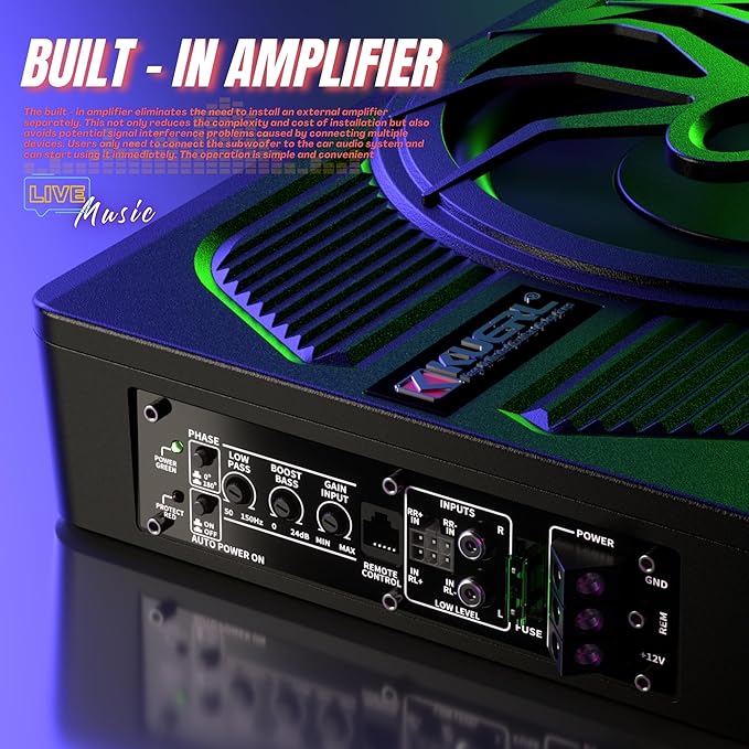 800W Car Subwoofer, 10” Slim Active Powered Subwoofer, Stereo Audio Under Seat Car Subwoofer with Built-in Amplifier, App Controlled Color LED Ambient Lights