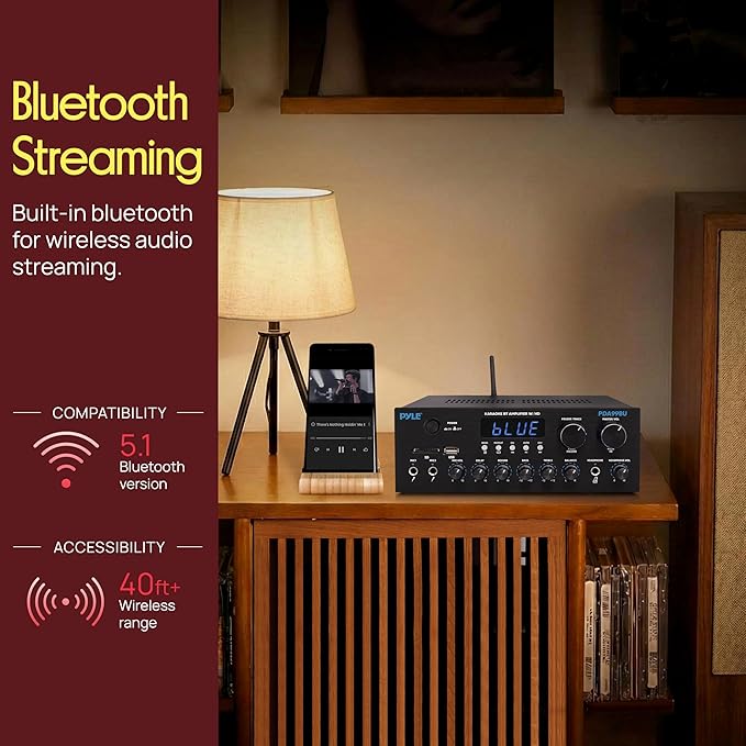 Pyle Wireless Bluetooth Streaming Amplifier, 200W Multi Channel Home Audio Receiver with Hi Def in/Out, Optical/Coaxial, FM Radio, USB/SD, AUX, RCA, Mic in, and BT/FM Antenna