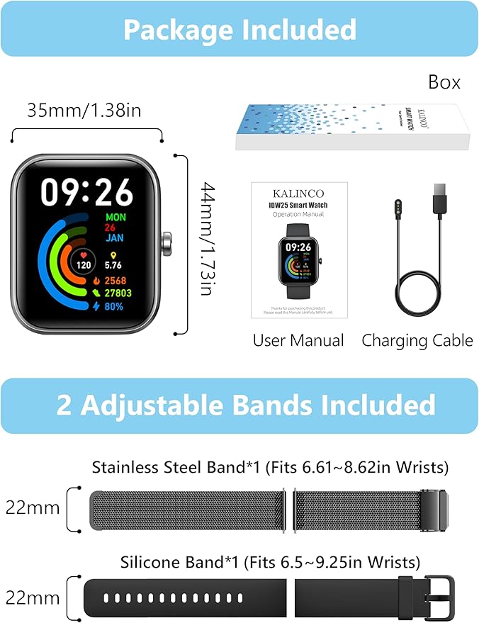 KALINCO Smart Watch Women [2 Bands, 44mm case] 1.83" Alexa Fitness Tracker, Heart Rate, Sleep, Stress Monitor, IP68 Waterproof Smartwatch, Make/Answer Calls, Compatible with iPhone & Android Phones
