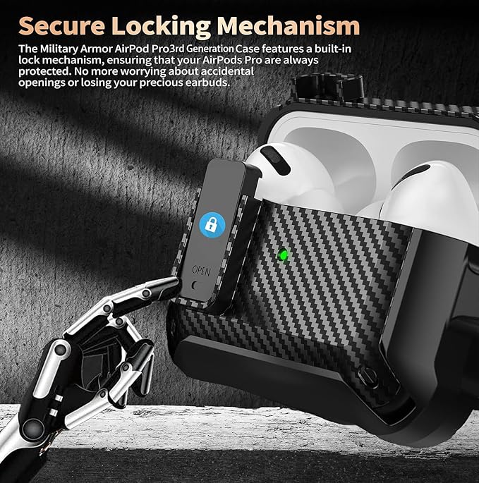 for Airpods Pro 3 Case with Lock Clip, Rugged Apple Airpods Pro 3rd Generation Cover 2025 Men Women, Armor Shockproof iPod Pro3 Gen Protective Hard Shell with Carabiner&Cleaner kit,CF Black