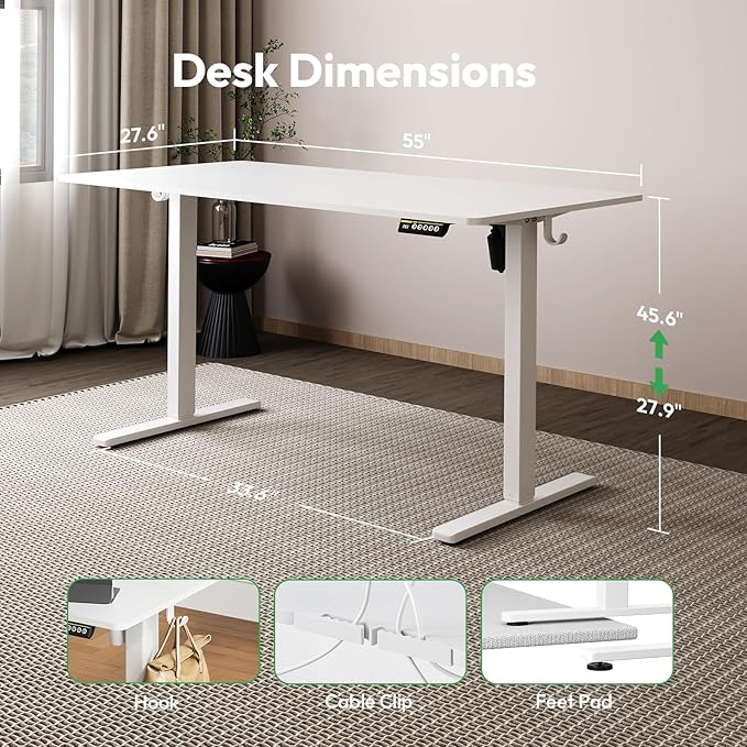 55x28 Large Electric Standing Desk Adjustable Height Stand Up with Lockable Wheels 27.6" Deep Ergonomic Sit Stand Desk for Home Office Work Computer Desk Workstation