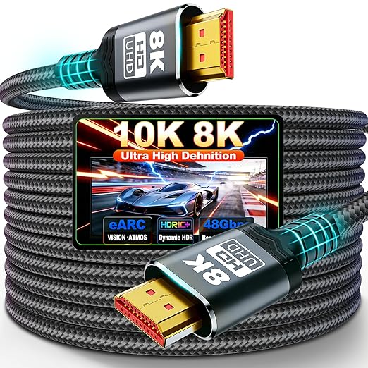 𝟑𝐫𝐝 - 𝐆𝐞𝐧 10K 8K HDMI Cable 2.1, Ultra High Speed HDMI Cable Braided Cord, HDMI Cables 48Gbps (8K@60Hz 7680x4320, 4K@120Hz) Supports Dynamic HDR 10 eARC 3D, Dolby Atmos Compatible (30 Feet)