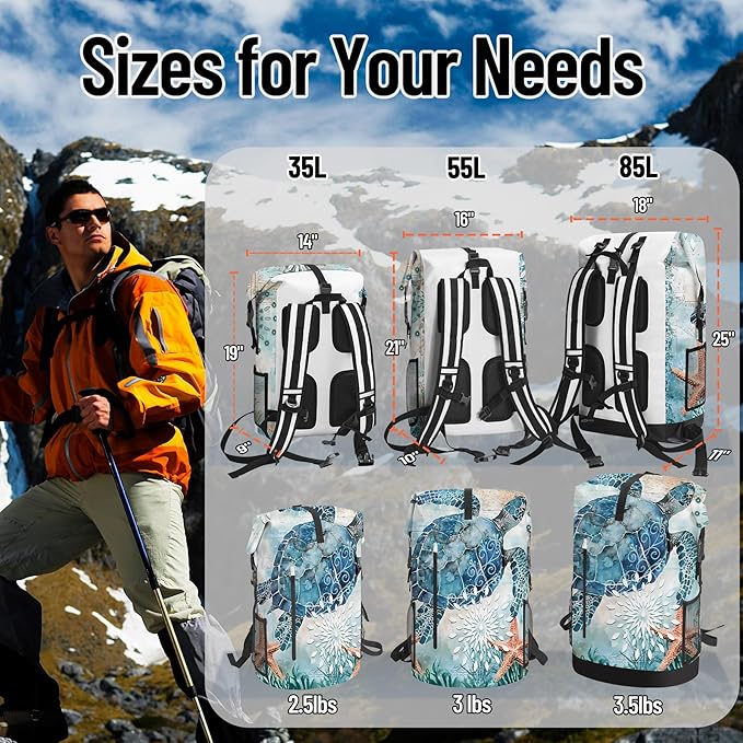 Waterproof Dry Bag Heavy Duty Marine Dry Bags for Kayaking Hiking Sea Turtle Nautical Starfish Backpack Roll-Top Closure Bag - Backpack Waterproof Phone Case 35L/55L/85L