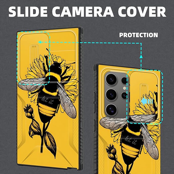 for Galaxy S25 Ultra Case Built in Slide Camera Lens Cover,Heavy Duty Shockproof Protection Dual Layer Case for Samsung Galaxy S25 Ultra 6.9" 2025,Honeybee Flower