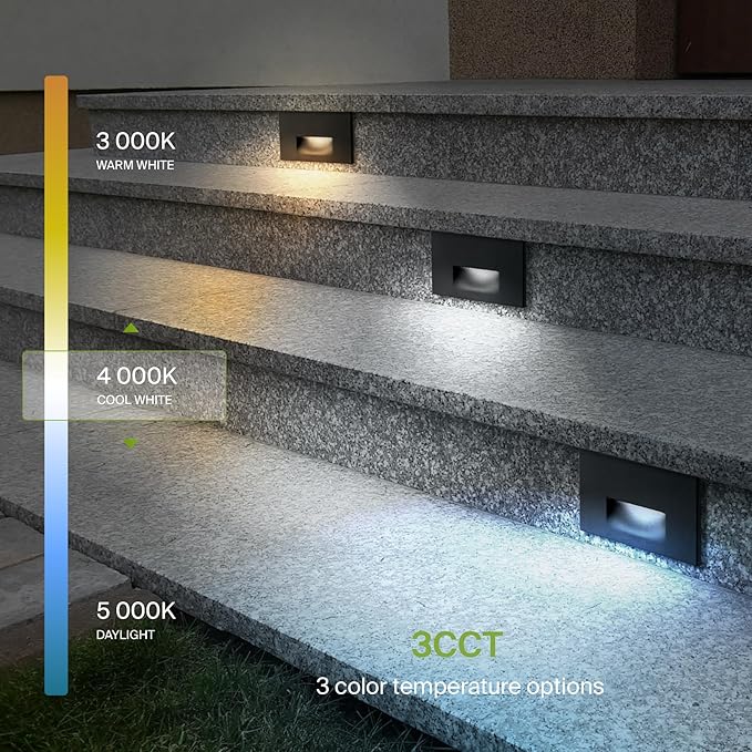 ASD LED Recessed Step Light Fixture, Outdoor & Indoor Stair Tread Lighting | 3CCT, Dimmable, Waterproof, ETL Listed | 3W 120LM 3000K-5000K 120V | Staircase Hardwired Illumination | Black, 12 Pack