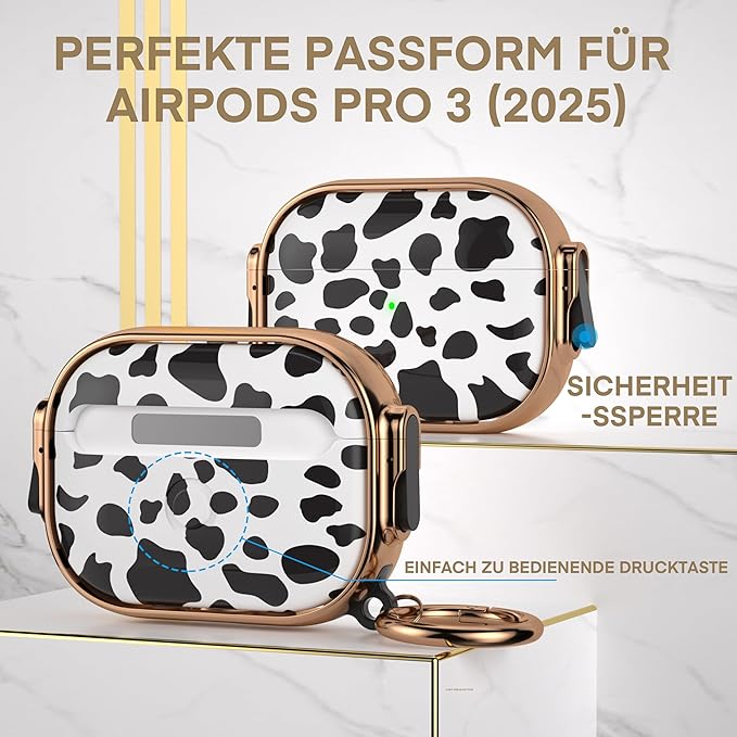 Maxjoy for AirPods Pro 3rd Generation Case with Lock, Cute AirPods Pro 3 Case Lock Protective Hard AirPod Pro 3 Cover for Women Men with Keychain for Airpod Pro 3rd Gen Cover 2025, Cow Print