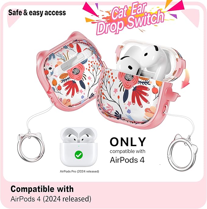 RFUNGUANGO AirPods 4 Case for Women Girly Cat Case with Lock, Phone Stand,Keychain & Cleaner Kit, Compatible with Apple Airpods 4th Generation Case Cover, Pink Flower