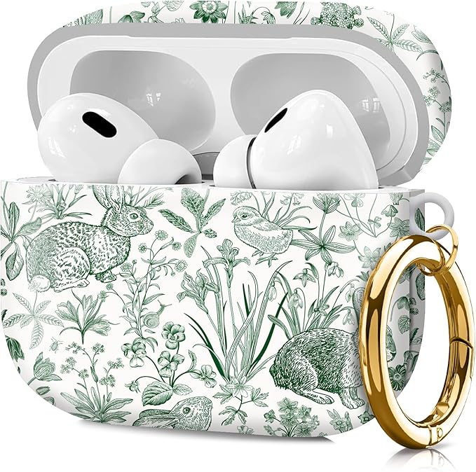 Compatible with Airpod pro 2nd/1st Generation Case Cover with Gold Round Keychain Cute Pattern Hard & Anti Slip Cover for Men Women & Girls（Funny Bunny）