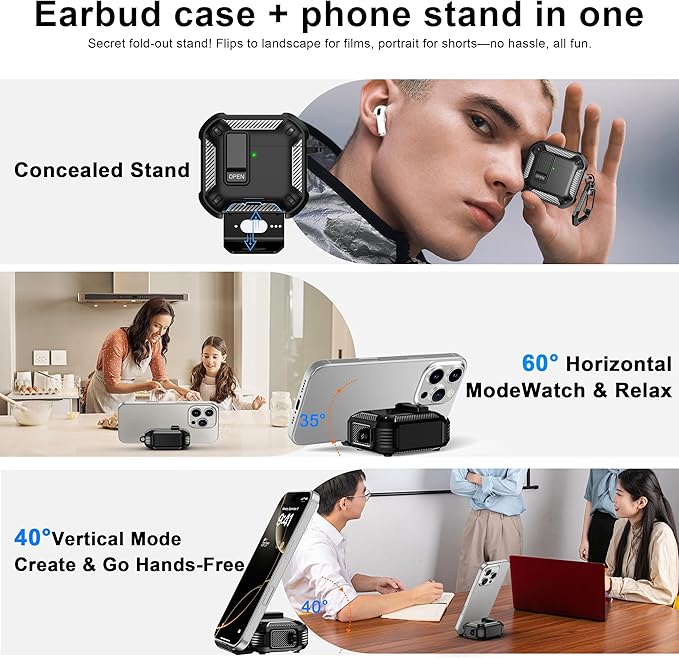 RFUNGUANGO for AirPods 4 Case, Compatible with AirPods 4th Generation Protective Case with Phone Stand & Cleaning Kit, Magnetic Automatic Lock, Compatible with MagSafe, Black