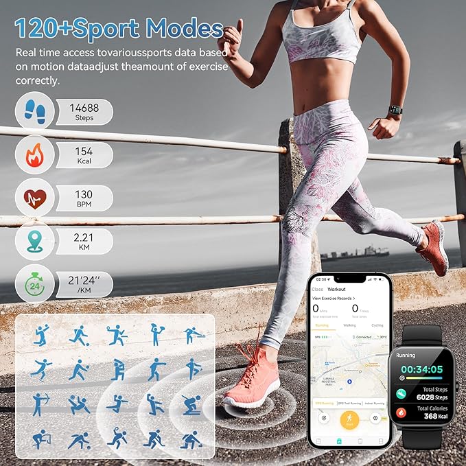 Smart Watch for Men Women, 120+ Sports Modes, Bluetooth Calls/Messages, 1.85" HD Touch Screen, IP68 Waterpro of Fitness Tracker with Heart Rate/Sleep Monitor, Compatible with Android/iOS (Black)