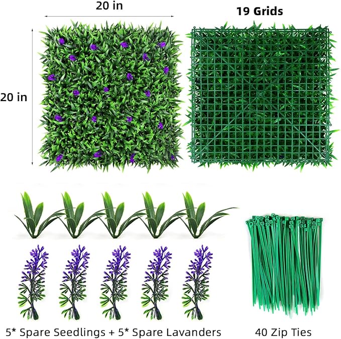 Artificial Grass Wall 12PCS 20" X 20" Lavender Flowers Topiary Hedge Plant Grass Backdrop Wall Greenery Panels for Indoor Outdoor Privacy Fence Home Decor(Seedling Grass)
