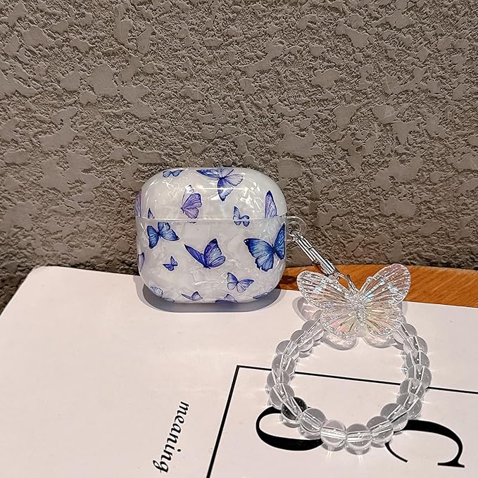 for Airpod 4 Case Cute White Marble Hard Protective Cover with Keychain Compatible with AirPods 4th Generation Case 2024 for Girls Women (Bluish-Purple Butterfly)